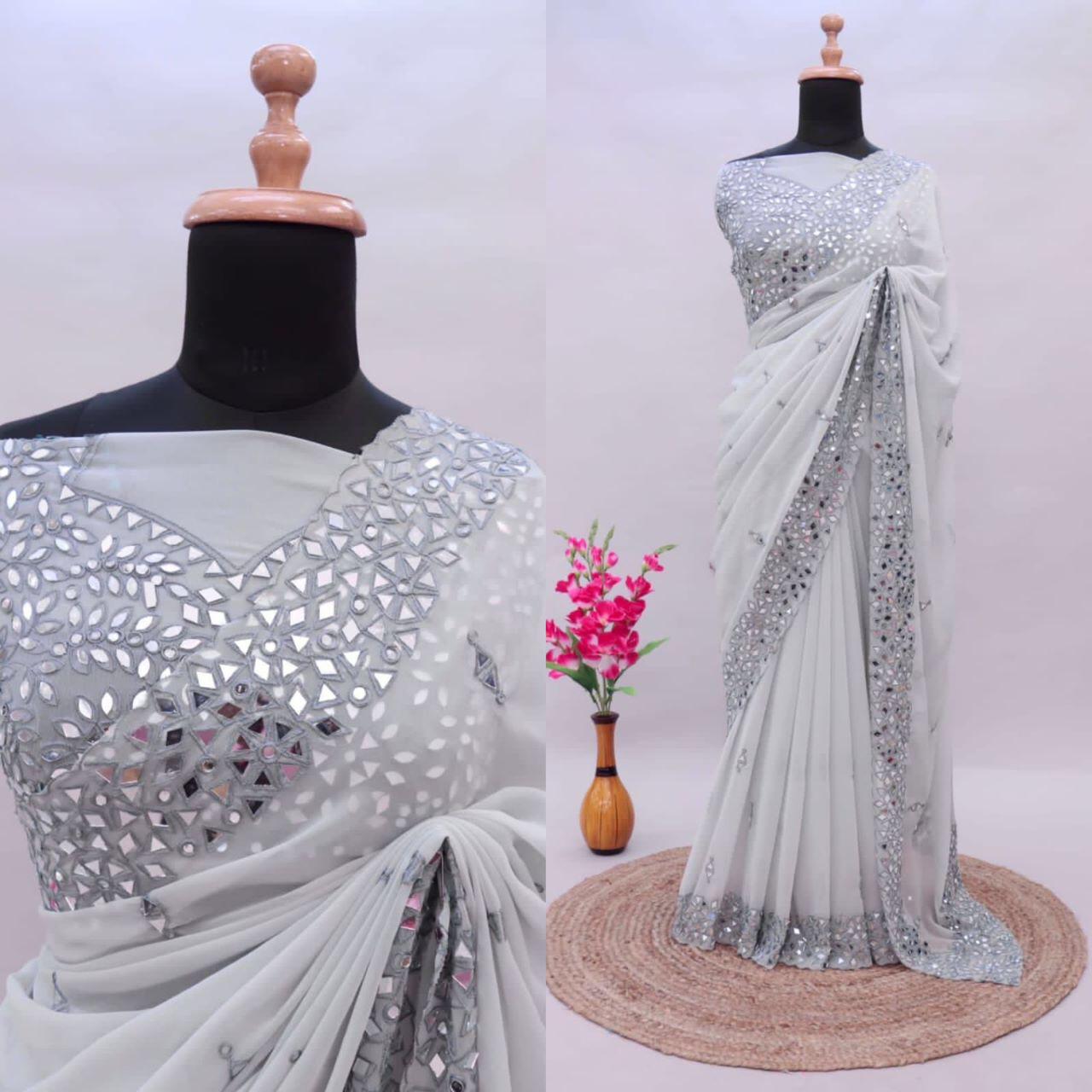 Soft Georgette Saree With Mirror Work and Thread Work