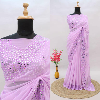 Soft Georgette Saree With Mirror Work and Thread Work