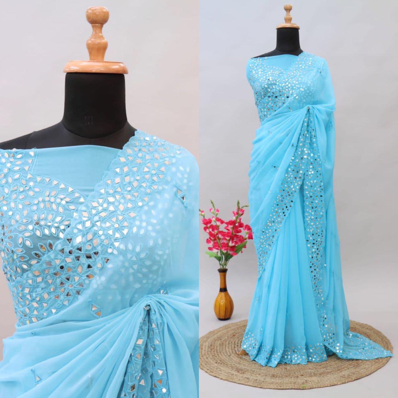 Soft Georgette Saree With Mirror Work and Thread Work