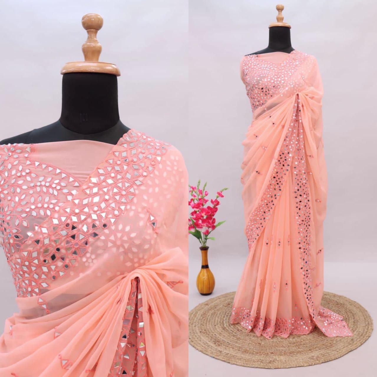 Soft Georgette Saree With Mirror Work and Thread Work