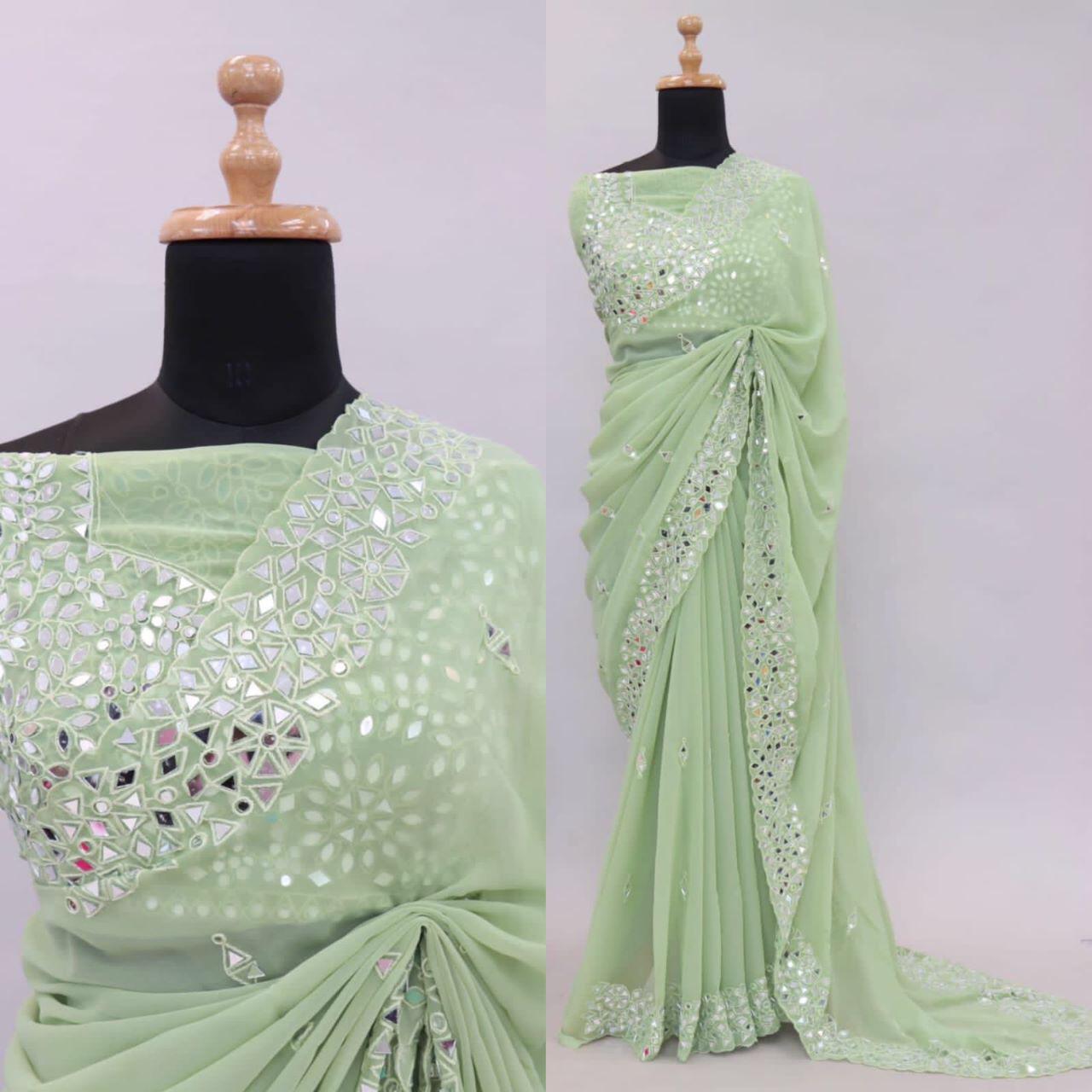 Soft Georgette Saree With Mirror Work and Thread Work