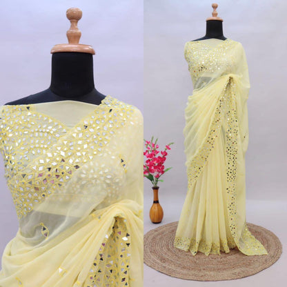 Soft Georgette Saree With Mirror Work and Thread Work