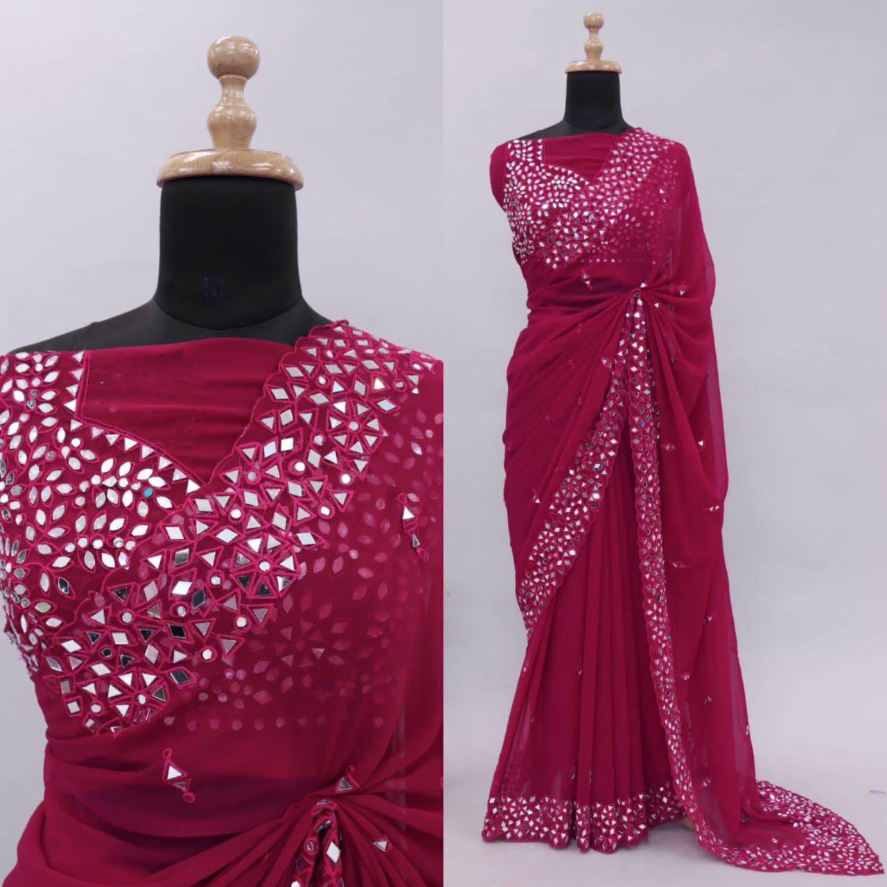 Soft Georgette Saree With Mirror Work and Thread Work