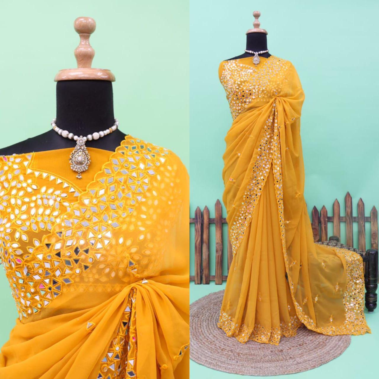 Soft Georgette Saree With Mirror Work and Thread Work