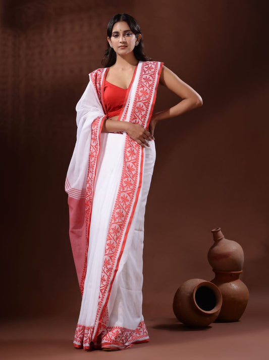 White and Red Pure Soft Cotton Saree