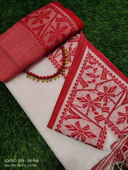 White and Red Pure Soft Cotton Saree