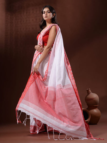 White and Red Pure Soft Cotton Saree