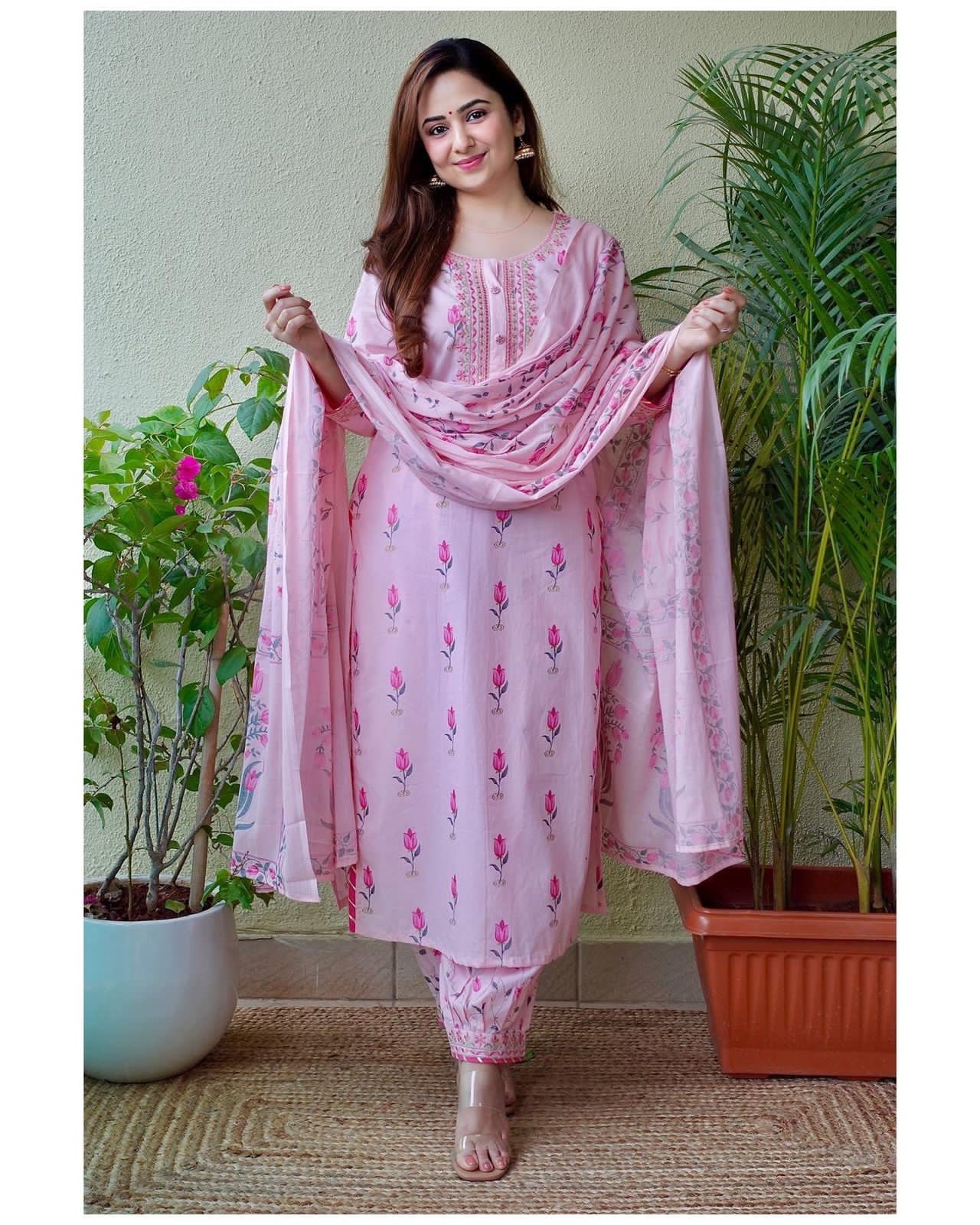 Pink Afghani Kurti Set With Embroidery and Hand Painted Motifs