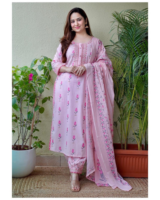 Pink Afghani Kurti Set With Embroidery and Hand Painted Motifs