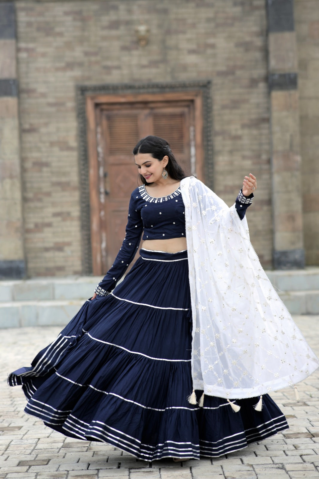 Black Reyon Lehenga with White Dupatta and Embroidery Thread Work