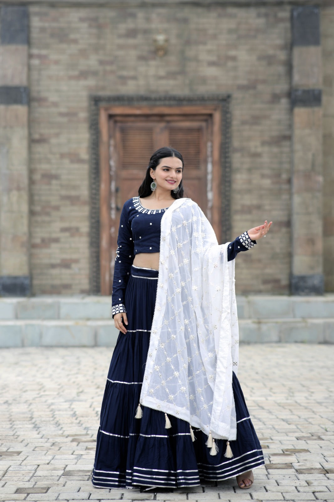 Black Reyon Lehenga with White Dupatta and Embroidery Thread Work