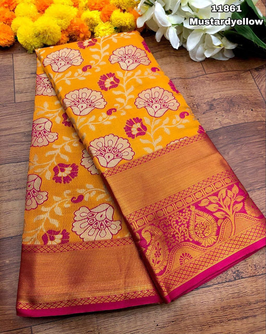 Kanjivaram Pattu Silk Saree With Gold Zari Weaving and Contrast Weaving