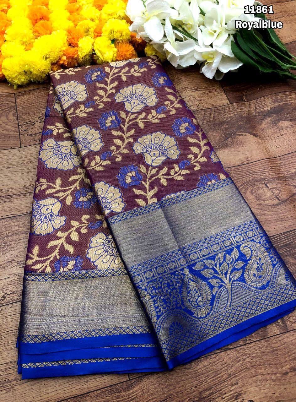 Kanjivaram Pattu Silk Saree With Gold Zari Weaving and Contrast Weaving