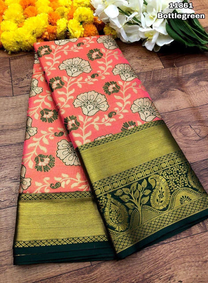 Kanjivaram Pattu Silk Saree With Gold Zari Weaving and Contrast Weaving