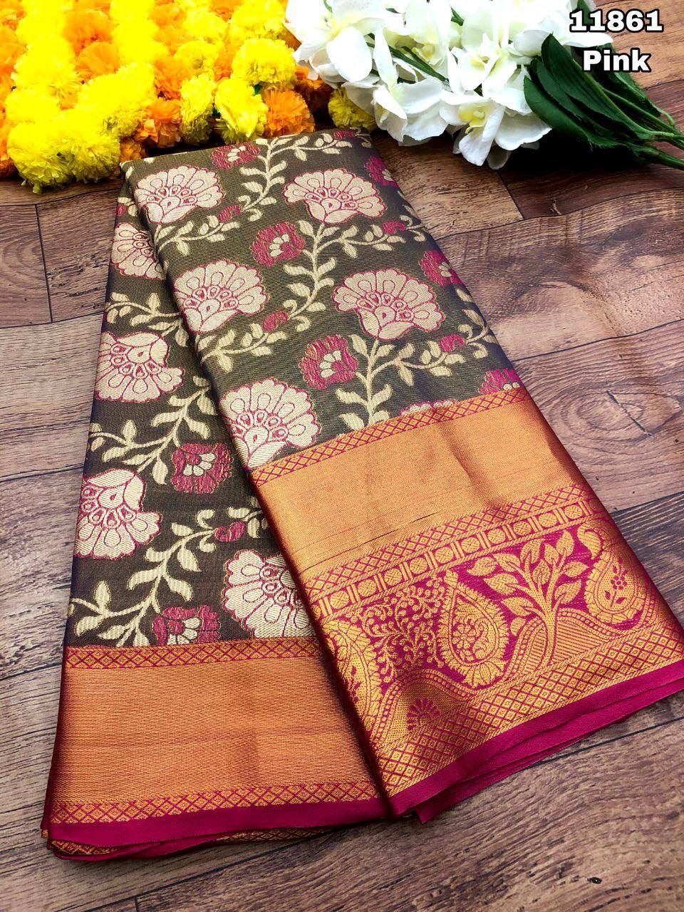 Kanjivaram Pattu Silk Saree With Gold Zari Weaving and Contrast Weaving