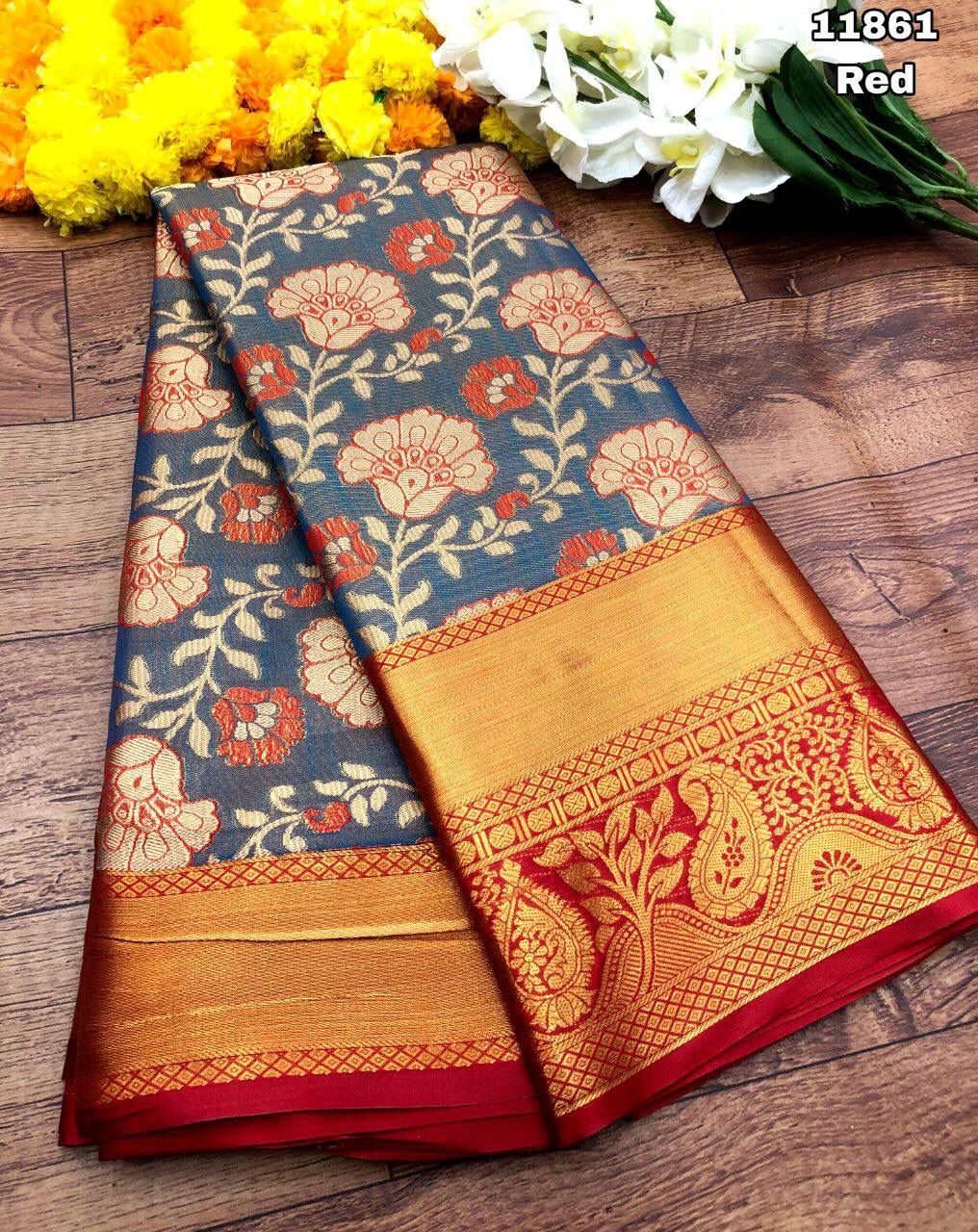 Kanjivaram Pattu Silk Saree With Gold Zari Weaving and Contrast Weaving