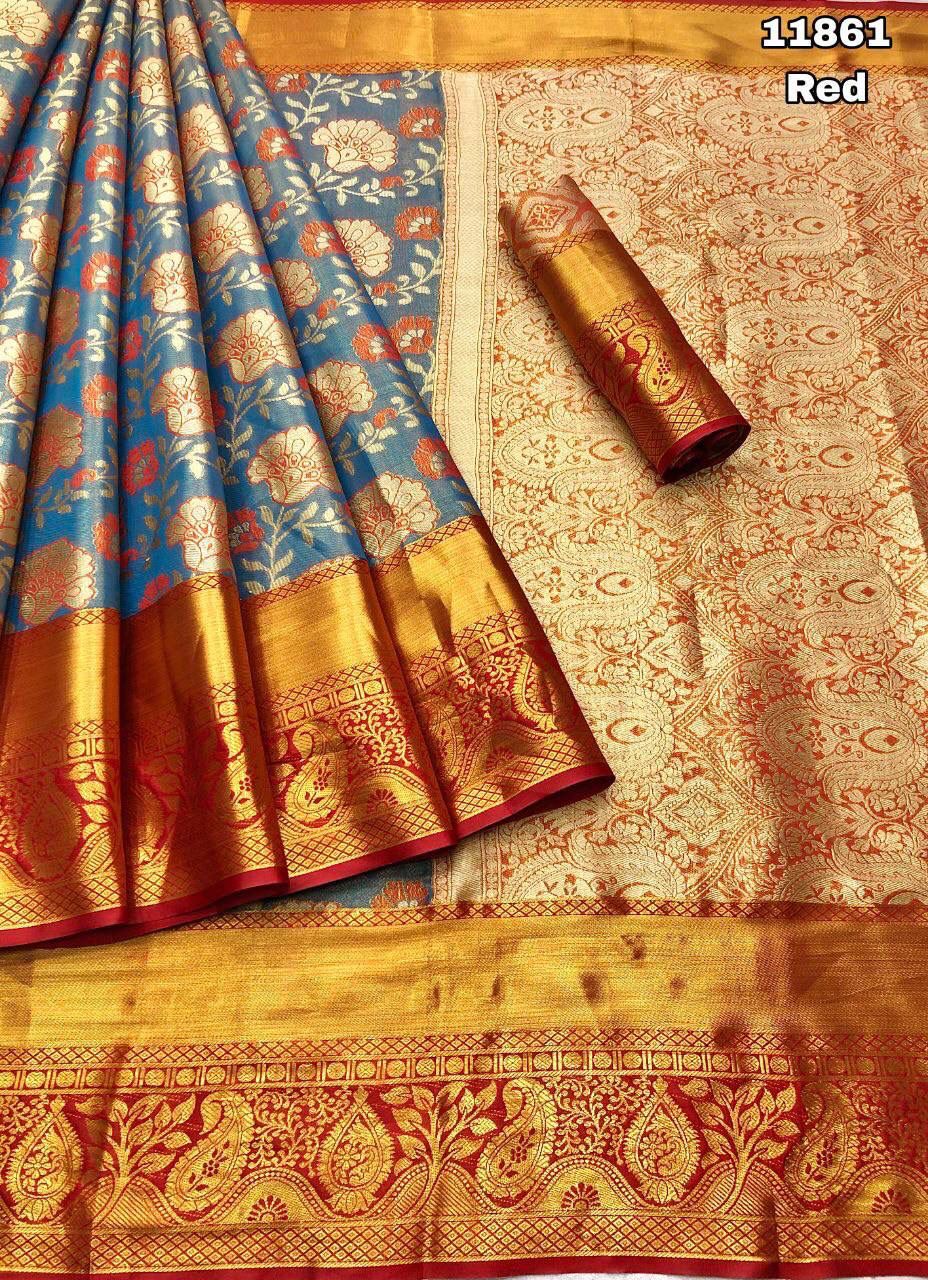 Kanjivaram Pattu Silk Saree With Gold Zari Weaving and Contrast Weaving