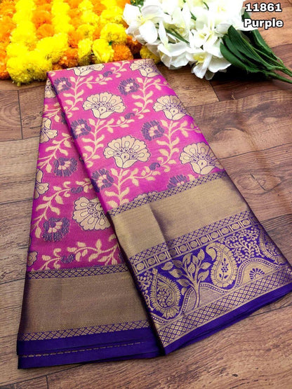 Kanjivaram Pattu Silk Saree With Gold Zari Weaving and Contrast Weaving