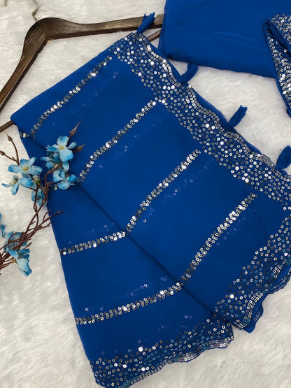 Royal Blue Soft Georgette Sequence Saree With Cut Work