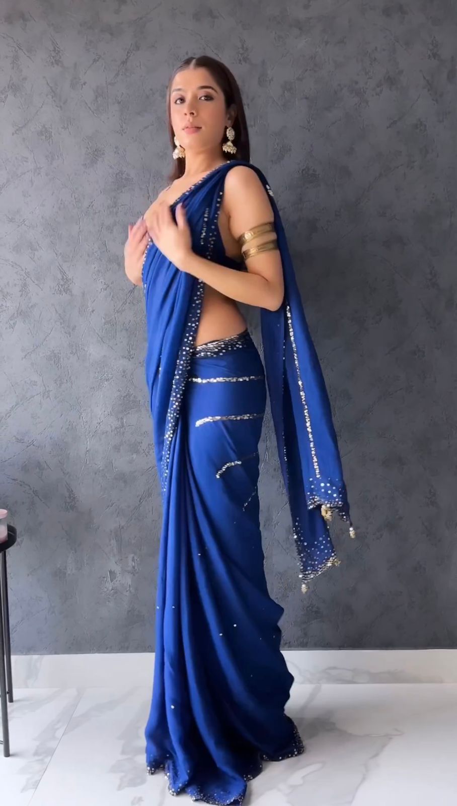 Royal Blue Soft Georgette Sequence Saree With Cut Work