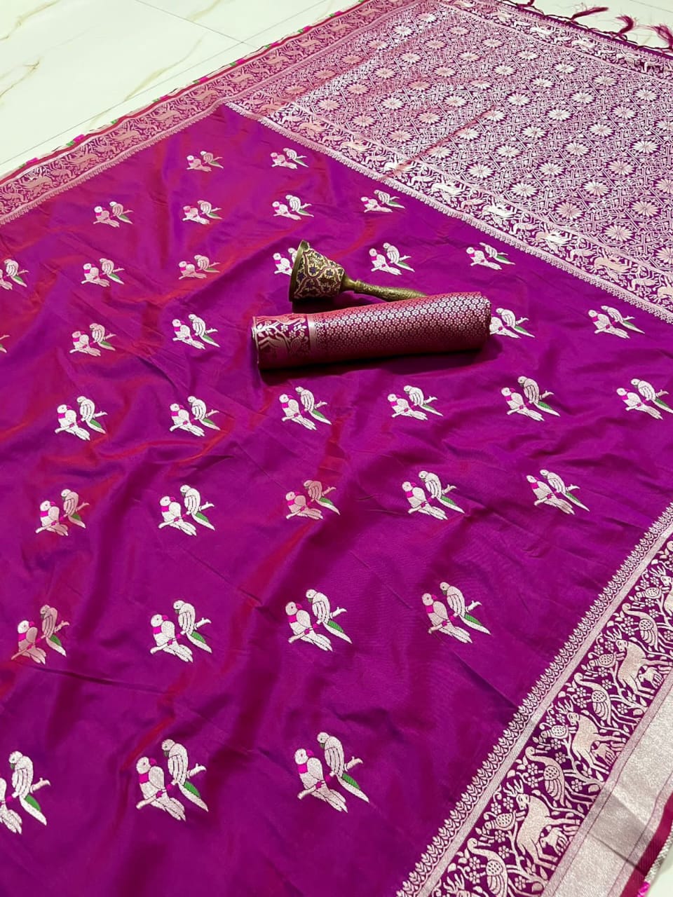 Soft Silk Saree With Silver Zari Work and Parrot Design Weaving