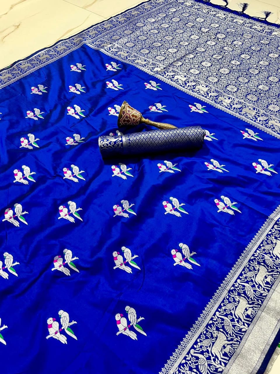 Soft Silk Saree With Silver Zari Work and Parrot Design Weaving