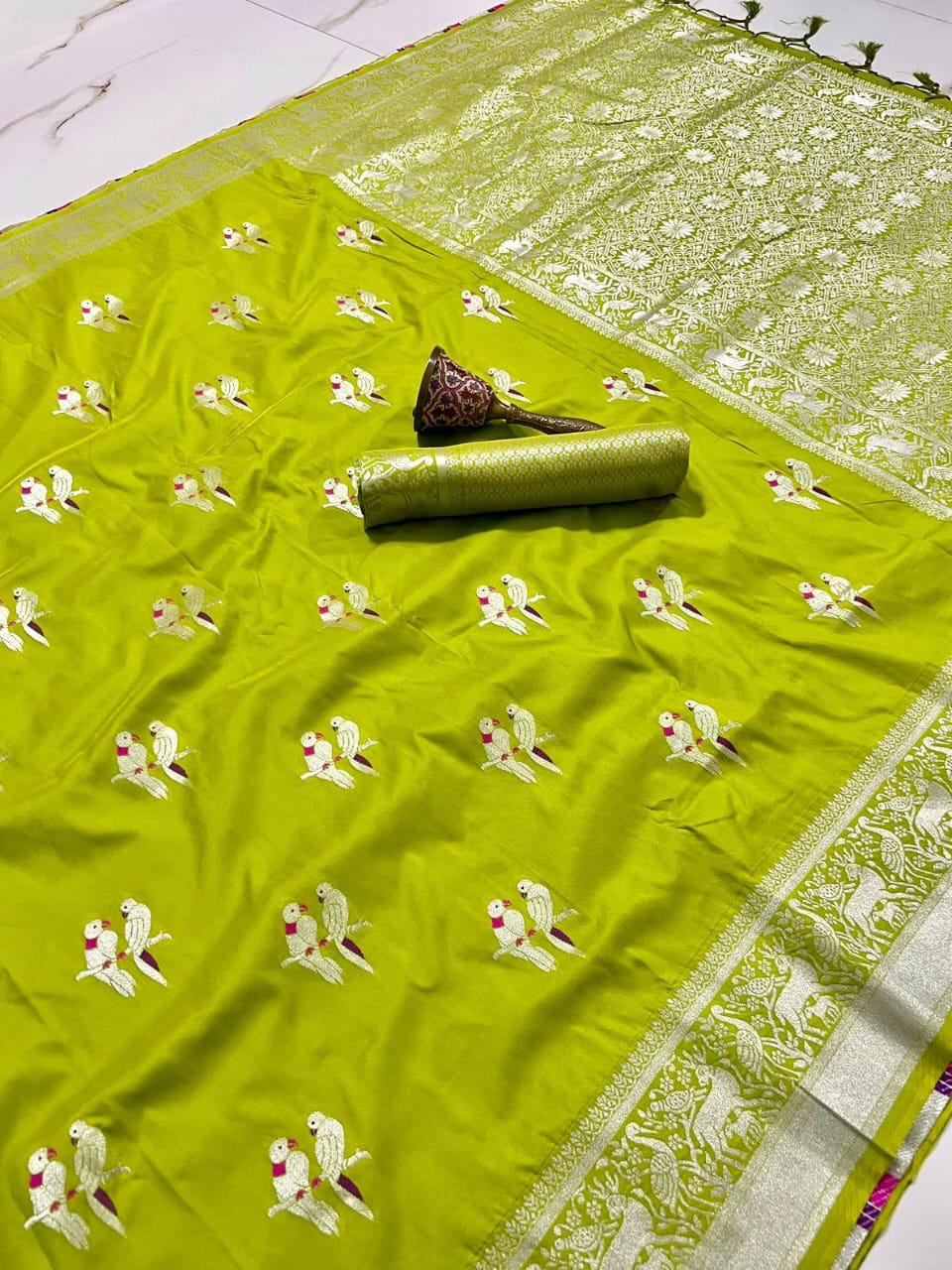 Soft Silk Saree With Silver Zari Work and Parrot Design Weaving