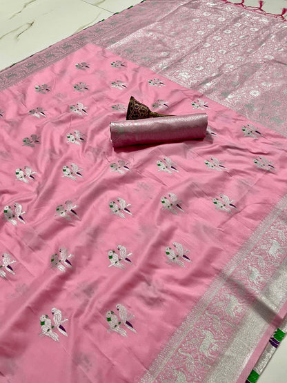 Soft Silk Saree With Silver Zari Work and Parrot Design Weaving