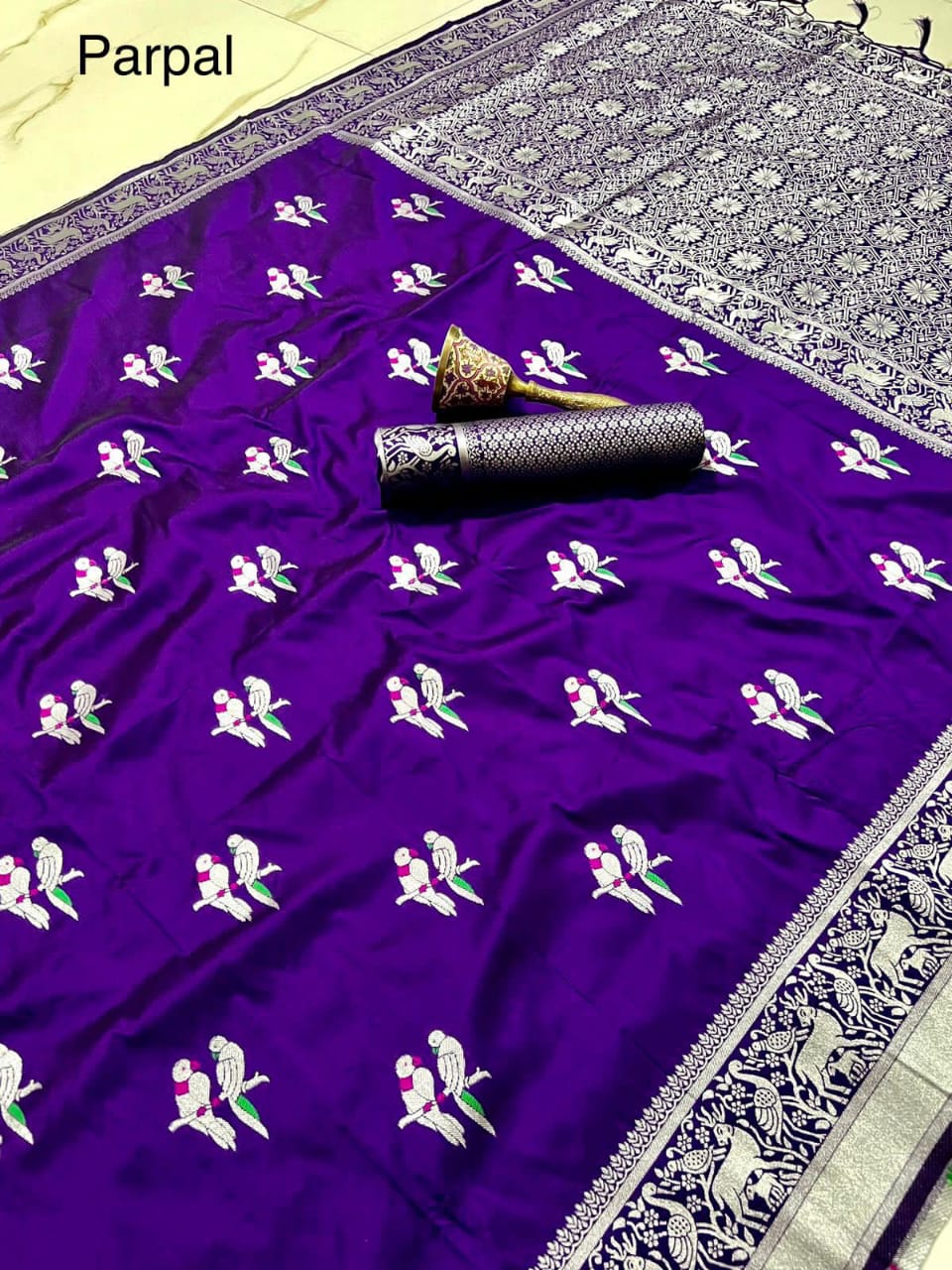 Soft Silk Saree With Silver Zari Work and Parrot Design Weaving