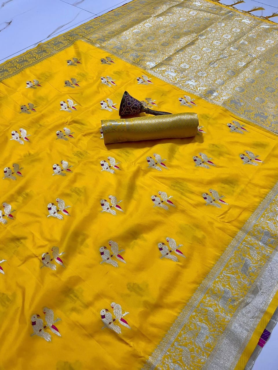 Soft Silk Saree With Silver Zari Work and Parrot Design Weaving