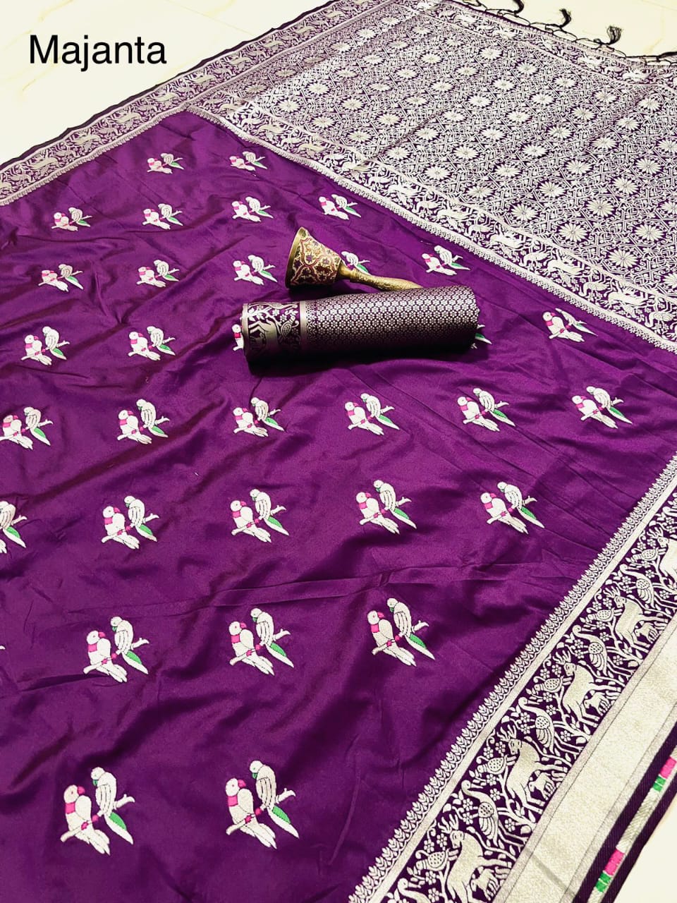 Soft Silk Saree With Silver Zari Work and Parrot Design Weaving