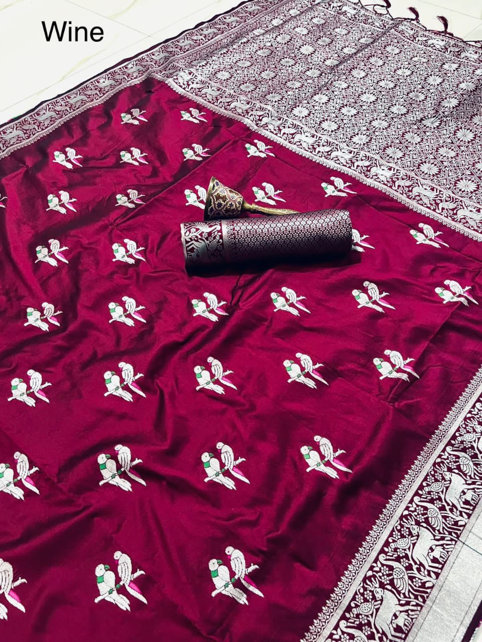 Soft Silk Saree With Silver Zari Work and Parrot Design Weaving