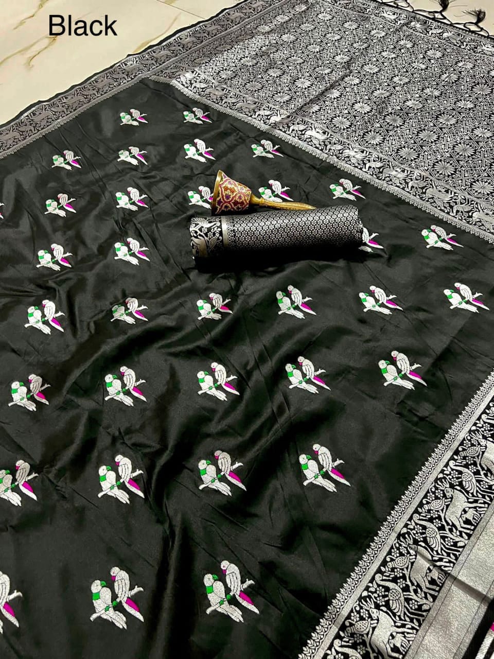 Soft Silk Saree With Silver Zari Work and Parrot Design Weaving