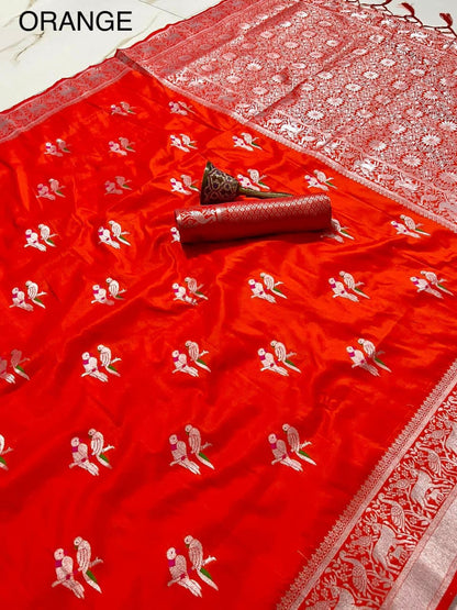 Soft Silk Saree With Silver Zari Work and Parrot Design Weaving