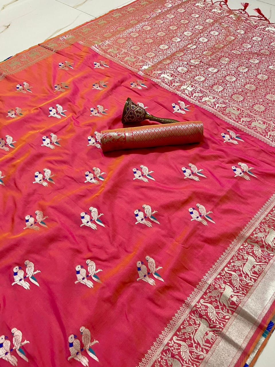 Soft Silk Saree With Silver Zari Work and Parrot Design Weaving