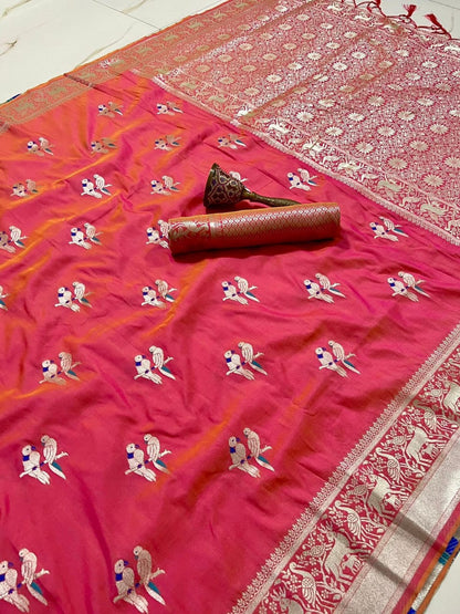 Soft Silk Saree With Silver Zari Work and Parrot Design Weaving