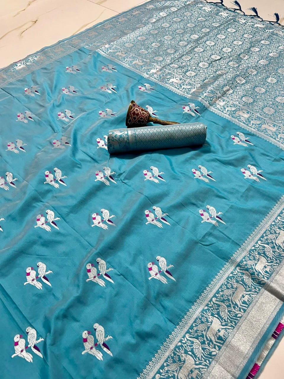 Soft Silk Saree With Silver Zari Work and Parrot Design Weaving