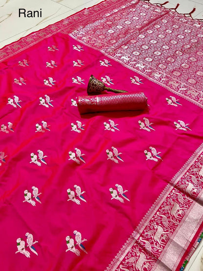 Soft Silk Saree With Silver Zari Work and Parrot Design Weaving