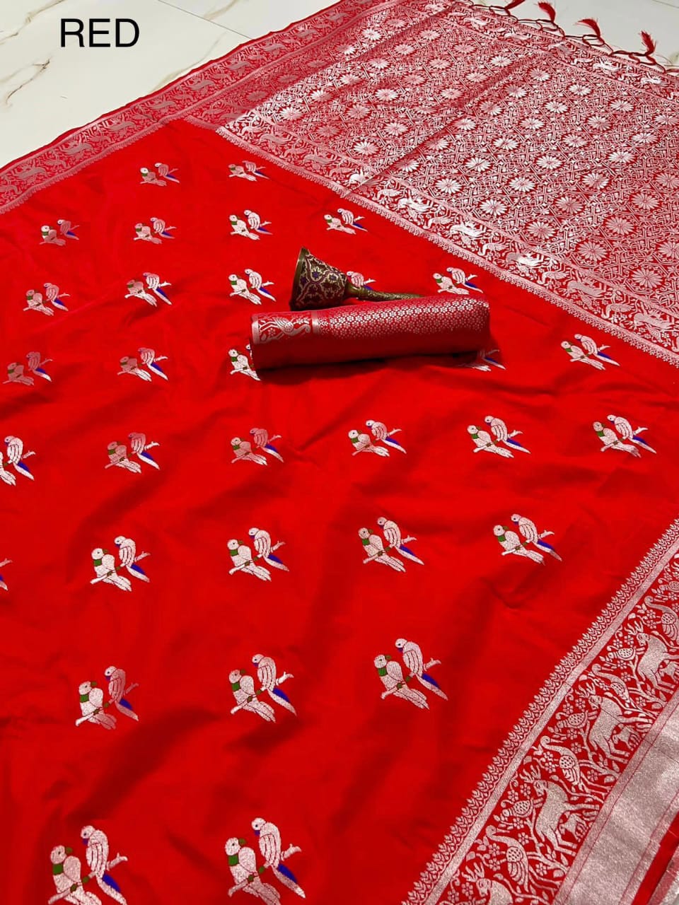 Soft Silk Saree With Silver Zari Work and Parrot Design Weaving