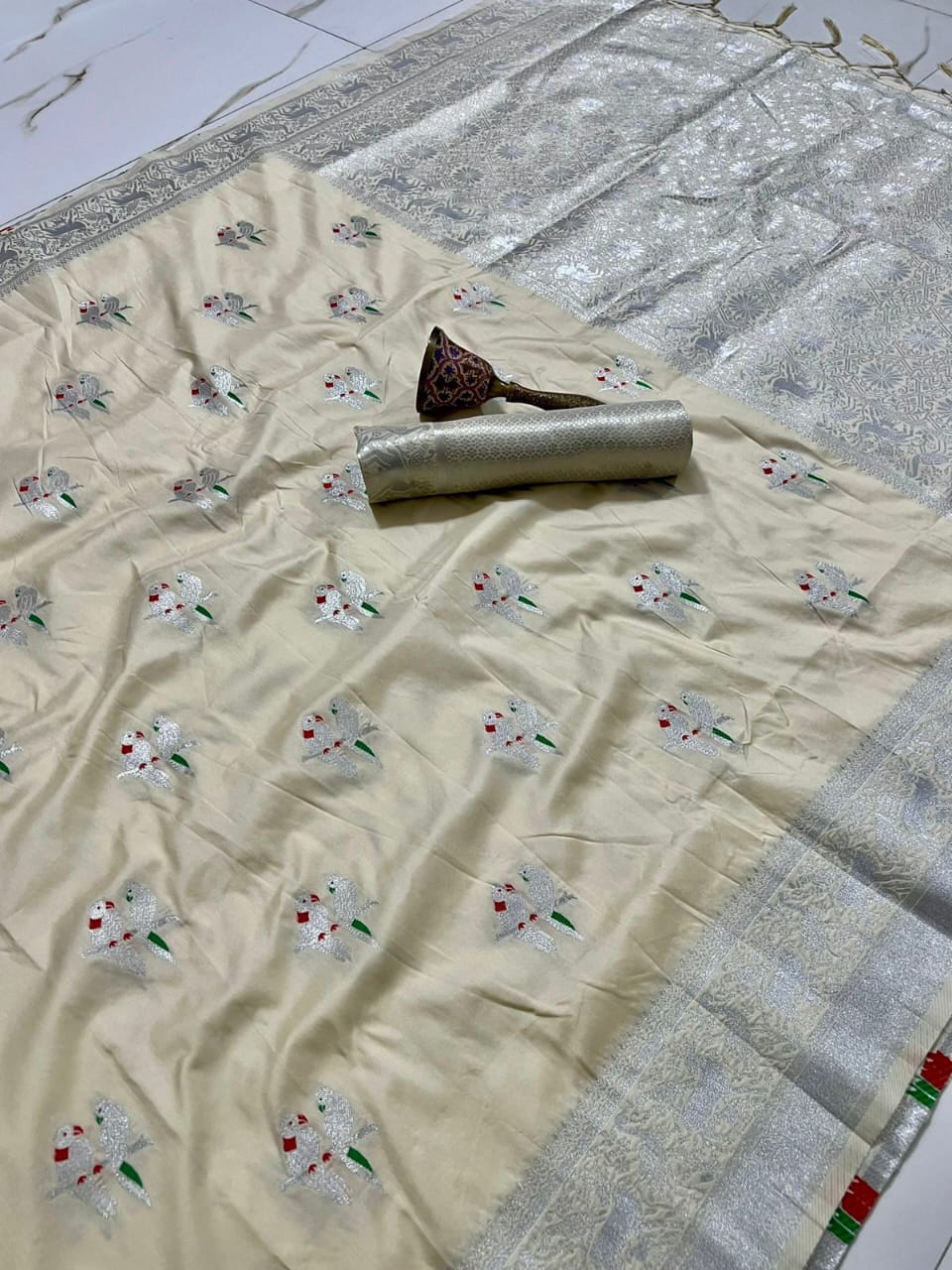 Soft Silk Saree With Silver Zari Work and Parrot Design Weaving