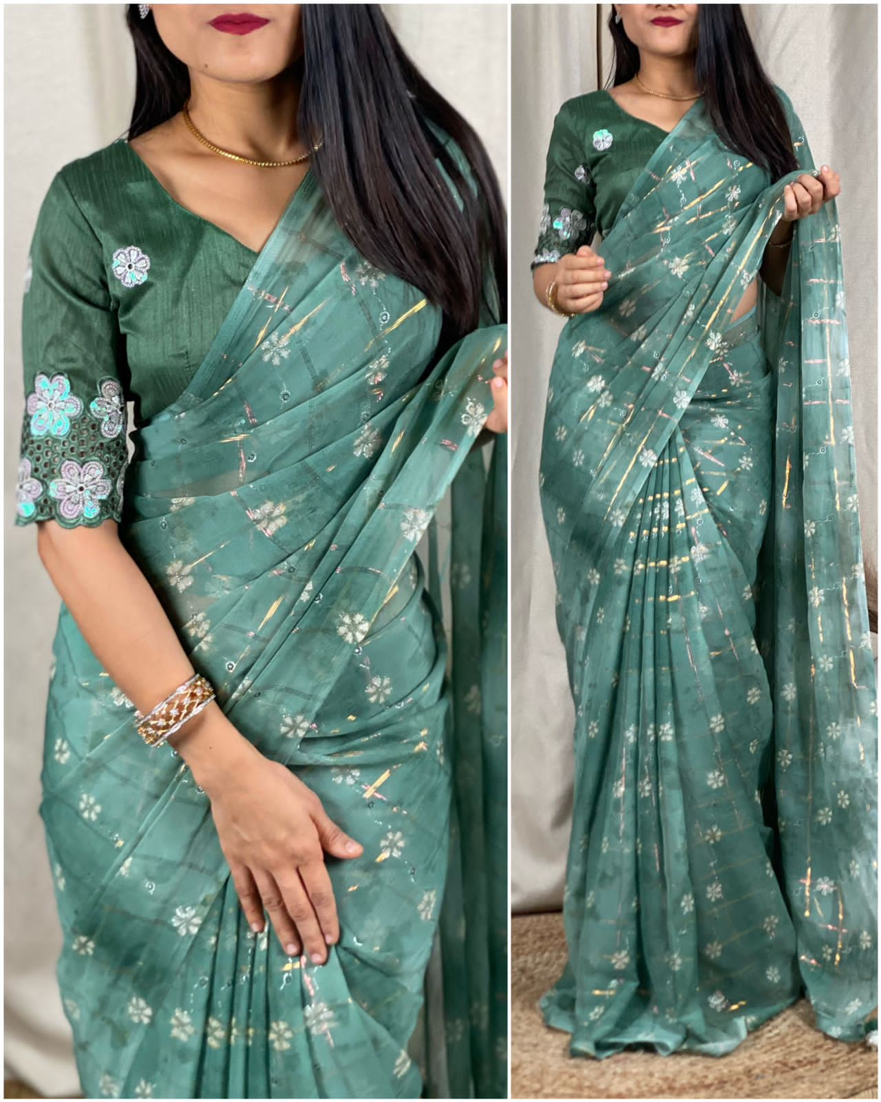 Soft Georgette Saree With Rainbow Zari Checks