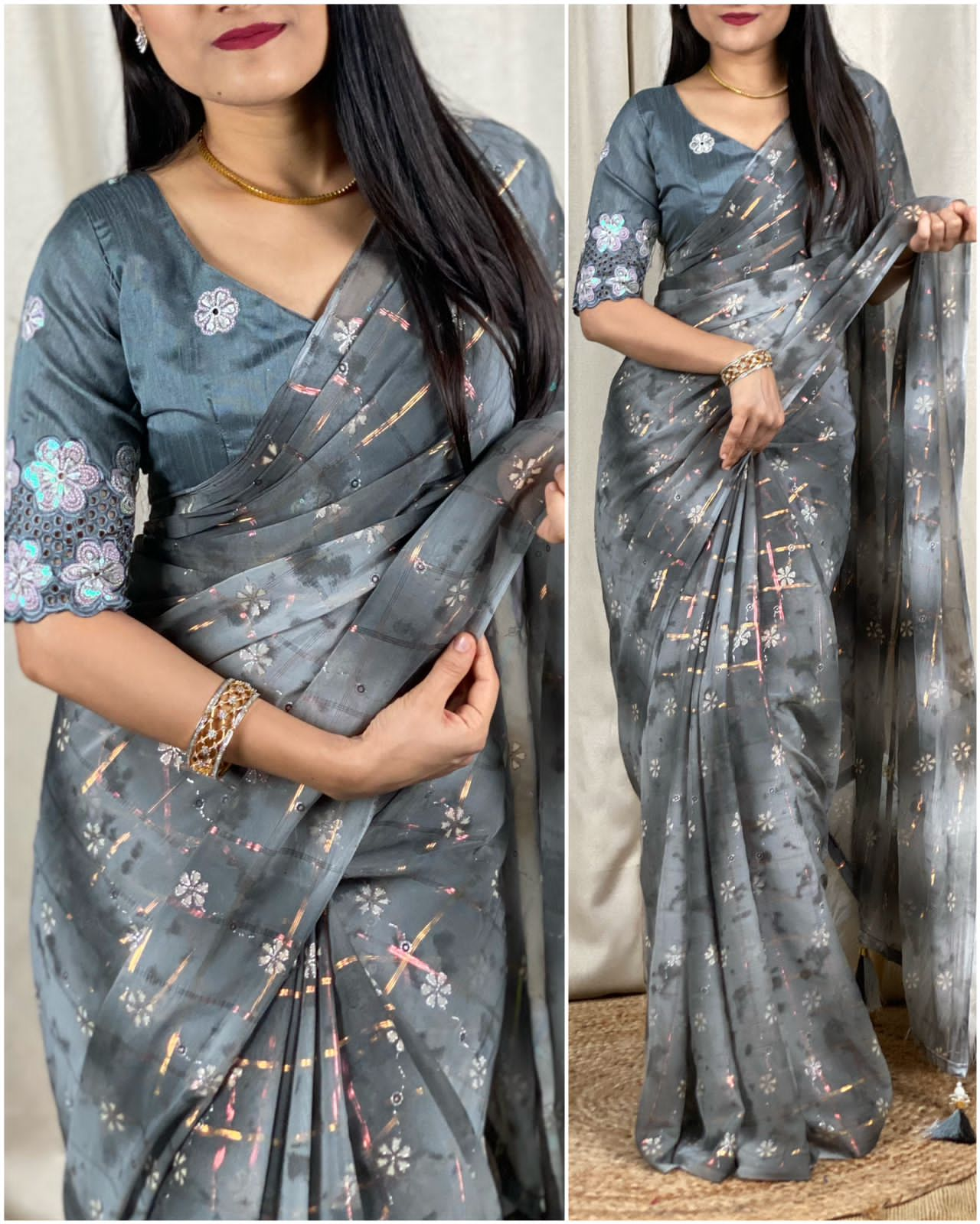 Soft Georgette Saree With Rainbow Zari Checks