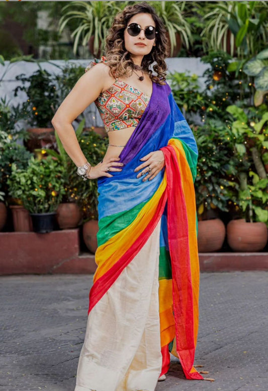 Plain Multi Color Linen Saree With Digital Printed Blouse