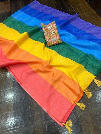 Plain Multi Color Linen Saree With Digital Printed Blouse