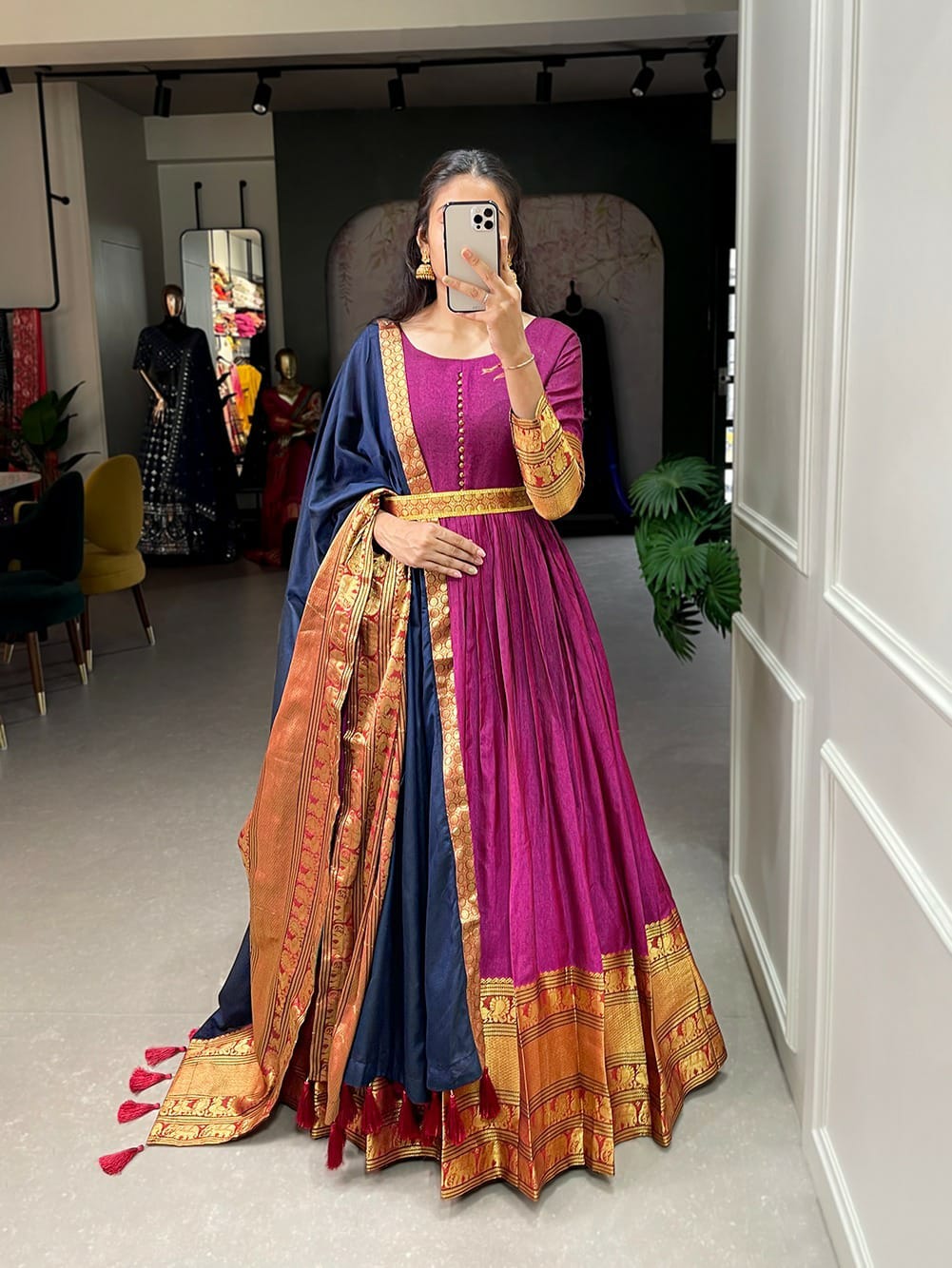 Narayan Pet Cotton Gown With Zari Weaving Work