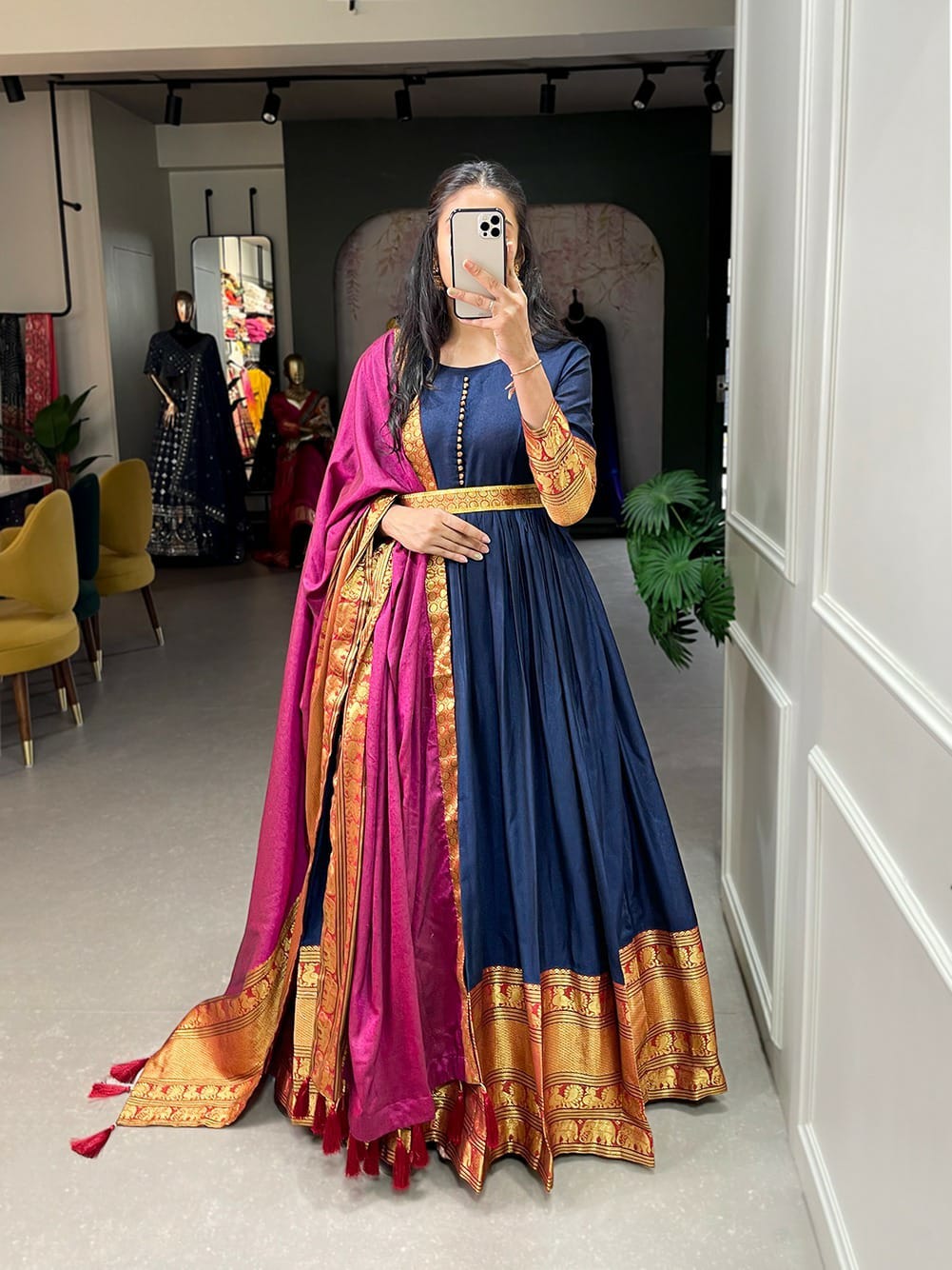 Narayan Pet Cotton Gown With Zari Weaving Work