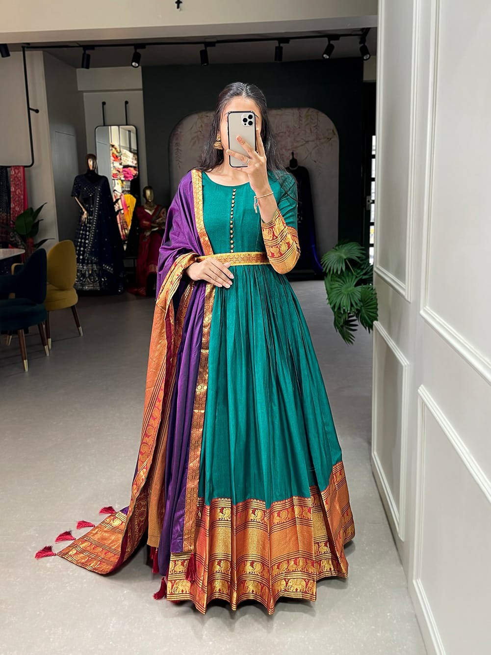 Narayan Pet Cotton Gown With Zari Weaving Work
