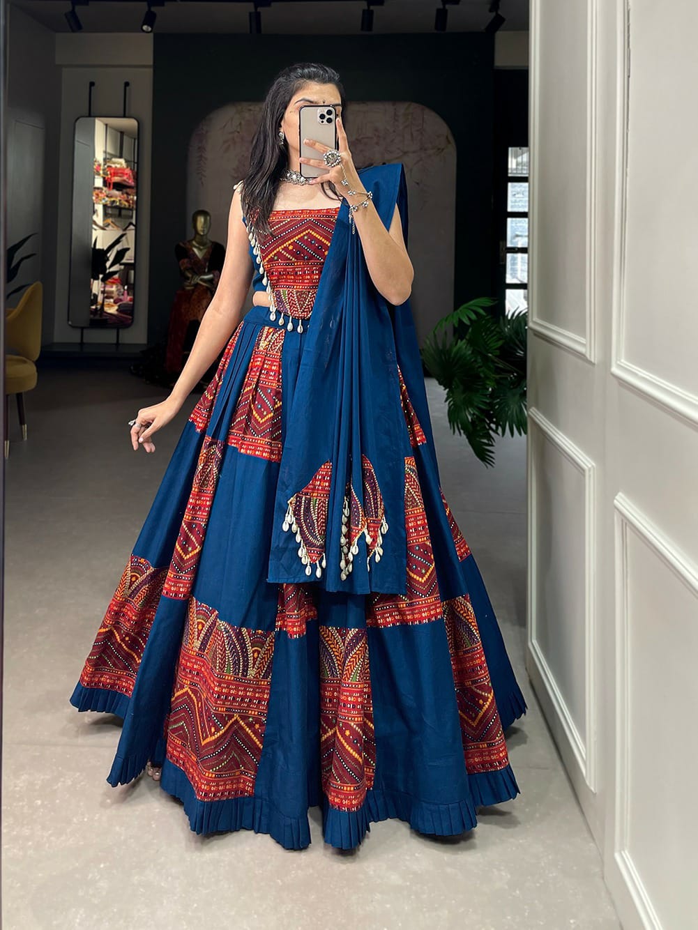 Blue Cotton Lehenga With Foil Work and Cowrie Work