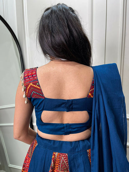 Blue Cotton Lehenga With Foil Work and Cowrie Work