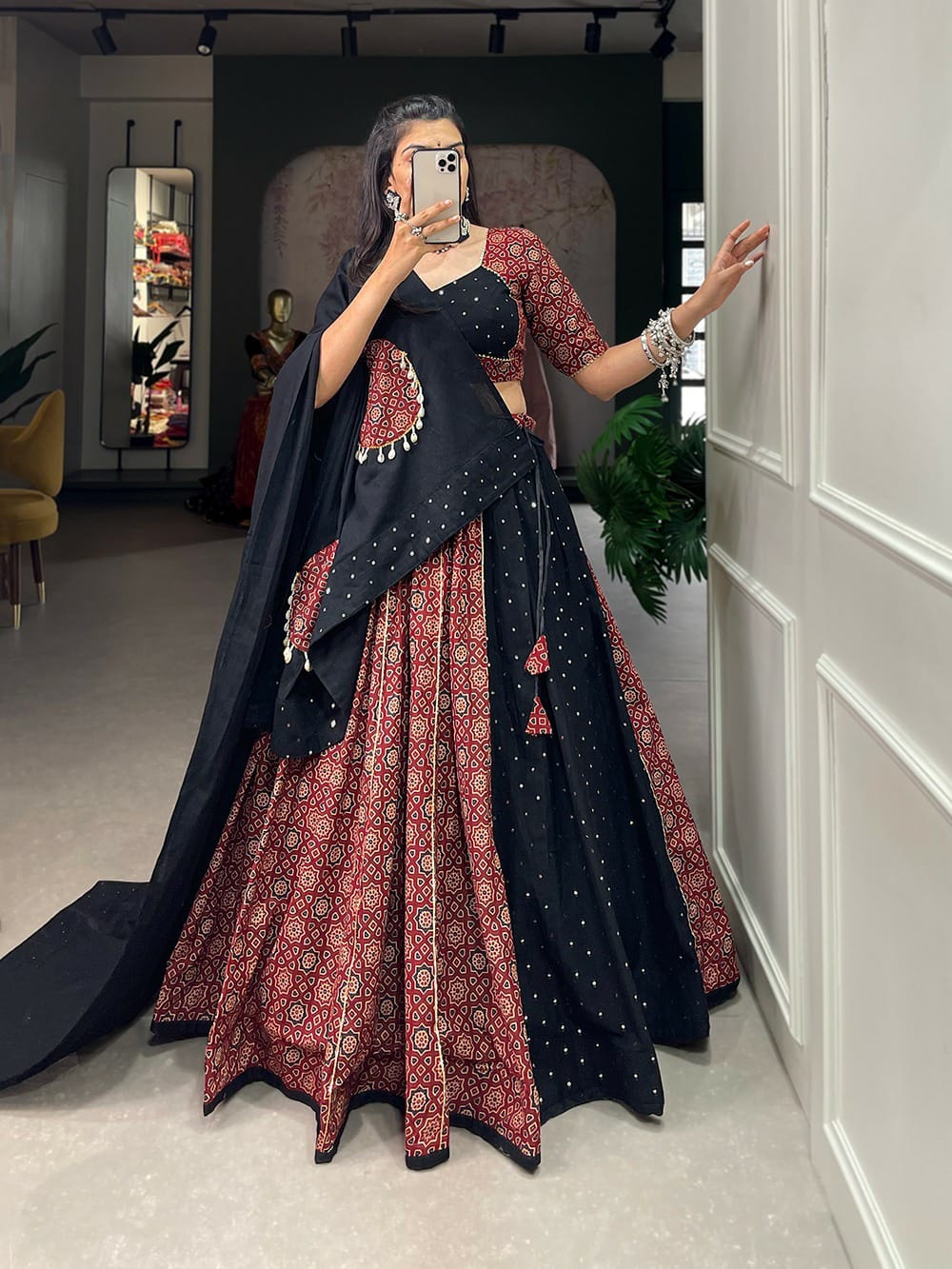 Soft Cotton Maroon With Black Lehenga With Mirror Work